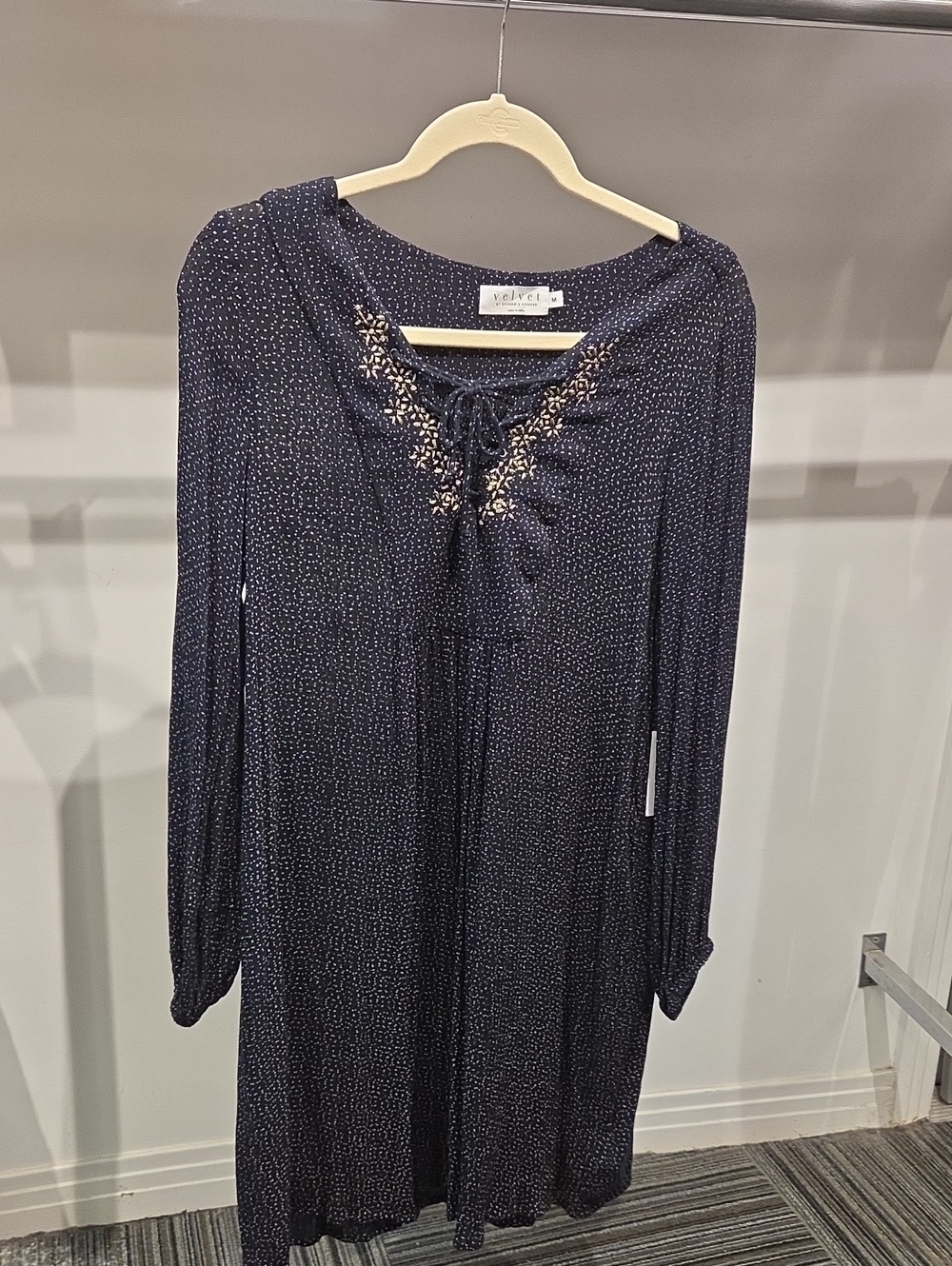 Velvet By Graham & Spencer Black Long-Sleeve Dress with Cream Embroidery NWT